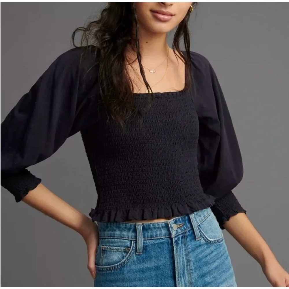 Anthropologie Pilcro Ginny Smocked Top Black Cotton Balloon Sleeve Square Neck S